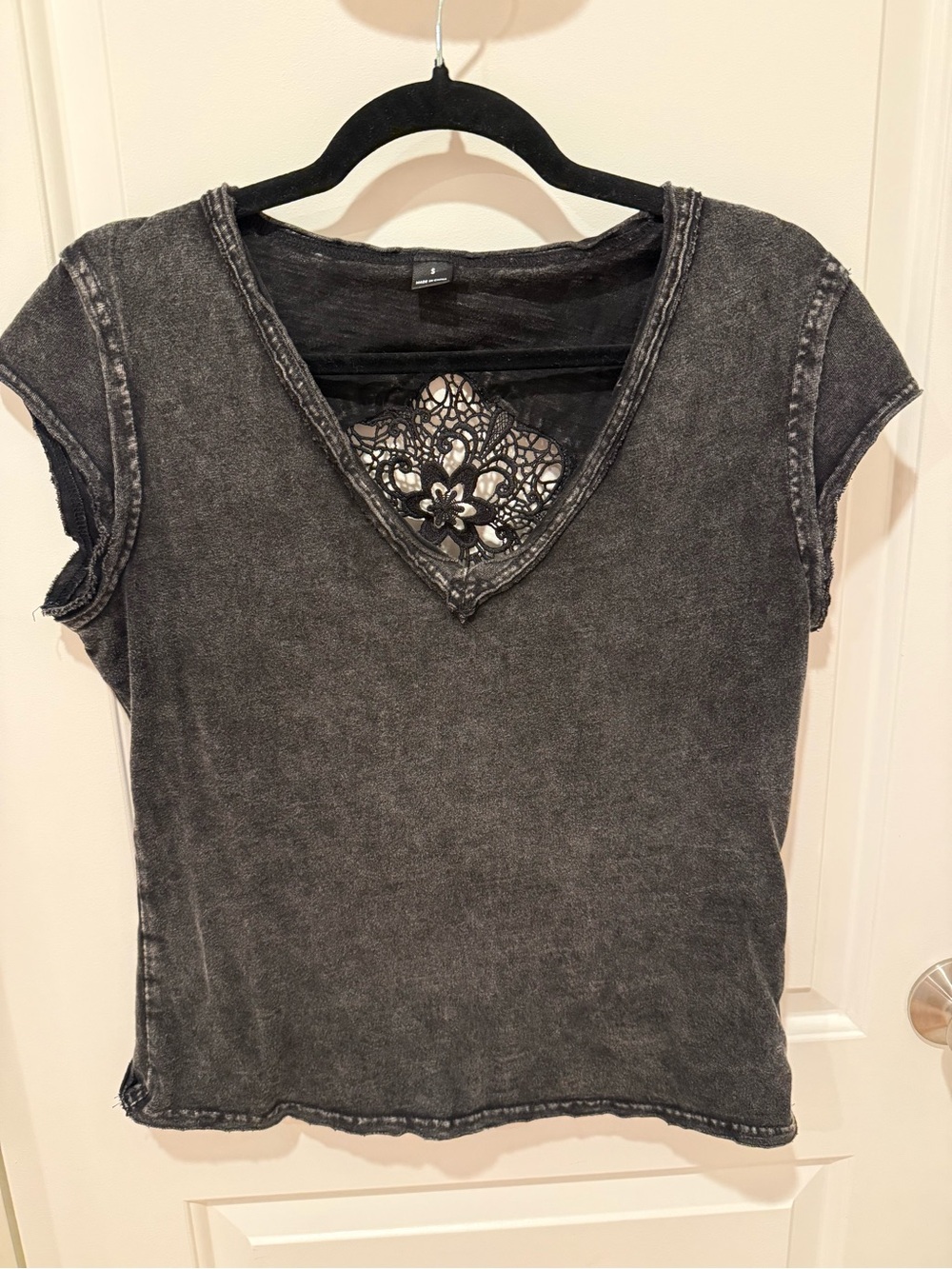 Women’s Washed Black V-Neck Top with Lace Inset